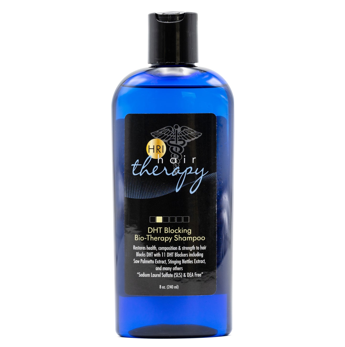 HRI Hair Therapy DHT Blocking Bio-Therapy Shampoo 8-ounce bottle (240ml) made by the Hair Restoration Institute of Minnesota. Restores health, composition & strength to hair. Blocks DHT with 11 DHT Blockers including Saw Palmetto Extract, Stinging Nettles Extract and many others. Blue bottle with black cap.